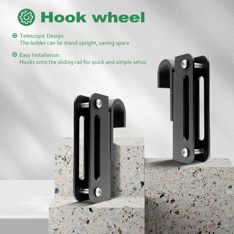 Close-up of black hook wheel bracket for 6.6Ft Telescopic Hook On Sliding Library Ladder Hardware, showing installation detail.