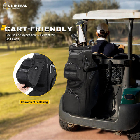 Golf cart with 15 Way Golf Cart Bag With Divider Top, Easy Access Handles, Rain Cover, and Full Club Organization on back