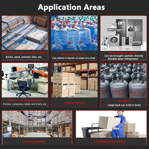 Application areas for Heavy Duty Electric Stair Climbing Trolley Cart With 1500W Brushless Motor Handles 300Kg Loads including logistics and moving.