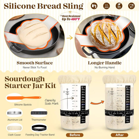 All-In-One Sourdough Starter Kit With Round And Oval Proofing Baskets Sourdough Jar Spatula Dough Whisk Bread Lame And Extra Blades Scrapers And Duster For The Ultimate Bake Gift For Bakers; silicone bread sling and sourdough starter jar kit details