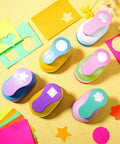 16 Piece Craft Hole Punch Set With 6 Shapes And 2 Inch Punches, Includes 10 Sheets Cardstock on a colorful background