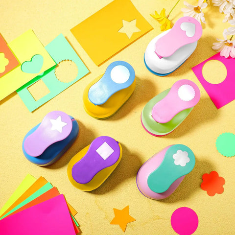 16 Piece Craft Hole Punch Set With 6 Shapes And 2 Inch Punches, Includes 10 Sheets Cardstock on a colorful background