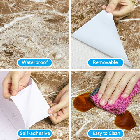 Close-up of brown marble contact paper showing waterproof, removable, self-adhesive, and easy-to-clean features.