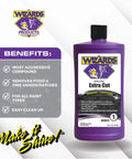 Wizards Select Pro Extra Cut Compound bottle with benefits listed for aggressive scratch repair on all paint types.