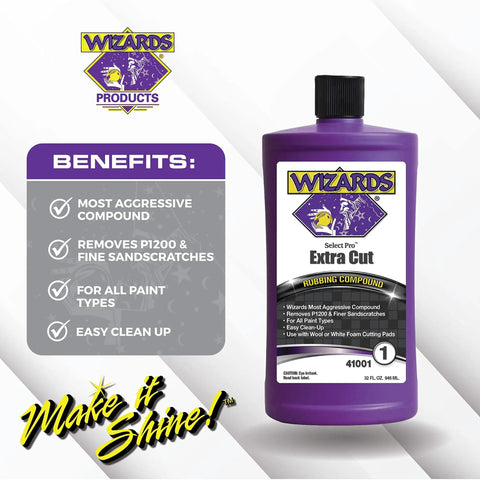 Wizards Select Pro Extra Cut Compound bottle with benefits listed for aggressive scratch repair on all paint types.