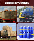 Different applications of 8 Pack 15 Foot Ratchet Straps With 1466 Lb Load Capacity And 4400 Lb Break Strength, Standard E Track Fittings For Container, Cargo Van, Trailer Securement Kit, Heavy Duty Tie Downs For Hauling, securing hay bales, boxes, a car, and blue containers.