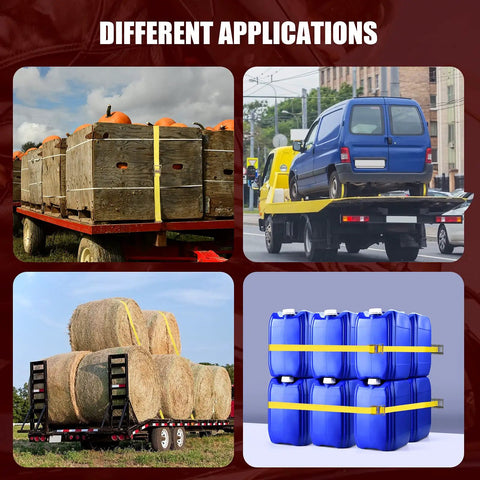 Different applications of 8 Pack 15 Foot Ratchet Straps With 1466 Lb Load Capacity And 4400 Lb Break Strength, Standard E Track Fittings For Container, Cargo Van, Trailer Securement Kit, Heavy Duty Tie Downs For Hauling, securing hay bales, boxes, a car, and blue containers.