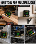 Tough Magnetic Digital Angle Finder And Laser Inclinometer Gauge in use across woodworking, home improvement, construction, vehicle maintenance.