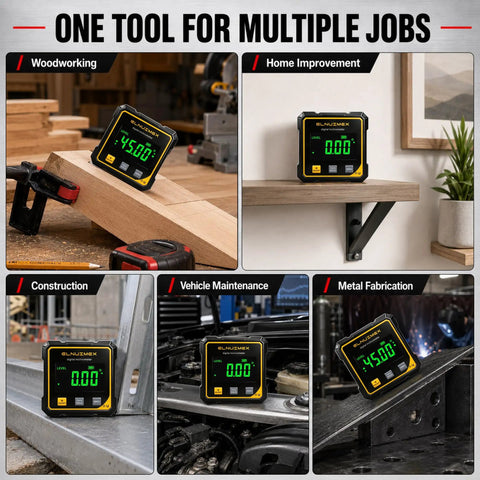 Tough Magnetic Digital Angle Finder And Laser Inclinometer Gauge in use across woodworking, home improvement, construction, vehicle maintenance.
