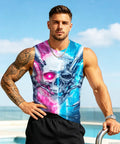 Men's 3D Skull Sleeveless Muscle Tank Top Making Your Workout Look Fresh With Super Soft Moisture Wicking Fabric Quick Dry Technology Hella Breathable For Summer Beach Vibes Or Heavy Lifting Sessions Daily worn by a muscular man by the pool.