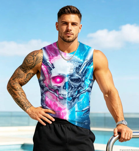 Men's 3D Skull Sleeveless Muscle Tank Top Making Your Workout Look Fresh With Super Soft Moisture Wicking Fabric Quick Dry Technology Hella Breathable For Summer Beach Vibes Or Heavy Lifting Sessions Daily worn by a muscular man by the pool.