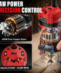 Powerful 6.5 Amp Compact Wood Router Tool For Woodworking With 6 Variable Speeds And 15 Piece Tungsten Carbide Bits for precise routing.
