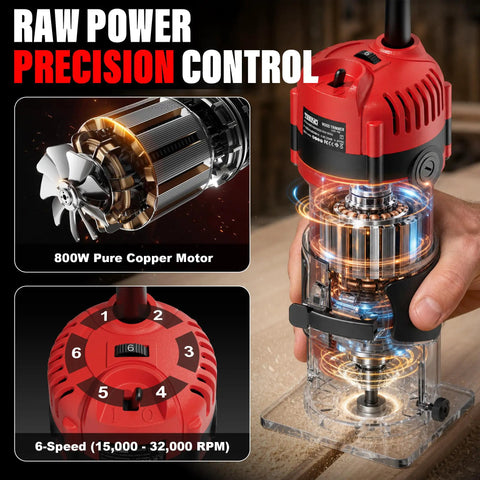 Powerful 6.5 Amp Compact Wood Router Tool For Woodworking With 6 Variable Speeds And 15 Piece Tungsten Carbide Bits for precise routing.