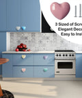 Colorful Ceramic Heart Drawer Knobs Set With Three Screw Sizes Cute Heart Cabinet Handles For Dresser Closet Wardrobe Cupboard Kitchen Furniture 10 Pack Mixed Colors Easy DIY Installation shown on blue kitchen cabinets