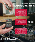 Sensorcon Inspector 2 Industrial CO monitor handheld with display and tubing beside a gas stove burner.