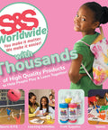 Girl smiling with backpack, S&S Worldwide logo, sports, learning activities, craft supplies, games.