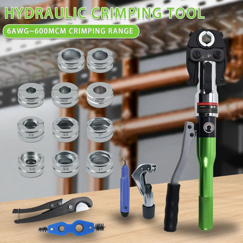 Heavy Duty Pipe Press Tool For Copper And PEX Crimping Hydraulic Crimp Tool With F1807 And F877 Standards 11 Die Set 360 Degree Slim Head Pro Grade Leak Free Crimps For Plumbers shown with 11 dies
