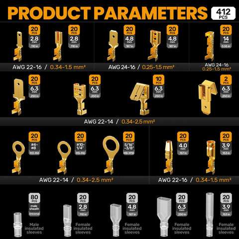 Image showing 412-piece Open Terminal Connector Crimping Tool Kit with 14 terminal sizes, featuring various AWG ranges and specifications.