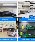 Heavy Duty Floor Jack Wall Mount Organizer Brackets For Stands And Trolleys Garage Tool Hanger And Gear Setup Black Electro Plated Steel With Two Piece Handle Hydraulic Jack Stand Accessories in various settings including garage, toolroom, repair shop, sales display.