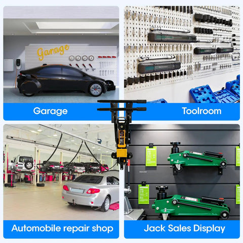 Heavy Duty Floor Jack Wall Mount Organizer Brackets For Stands And Trolleys Garage Tool Hanger And Gear Setup Black Electro Plated Steel With Two Piece Handle Hydraulic Jack Stand Accessories in various settings including garage, toolroom, repair shop, sales display.