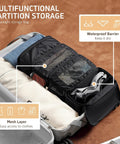 Open suitcase with Multi Layer Travel Closet Organizer Bag For Luggage Packing With Hook Design, showcasing adjustable compartments.