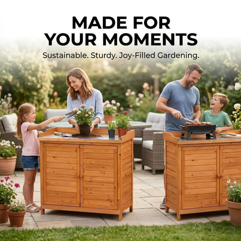 Family using Outdoor Garden Wood Storage Cabinet With Waterproof Tool Shed, Potting Benches And Workstation Table In Natural Finish.