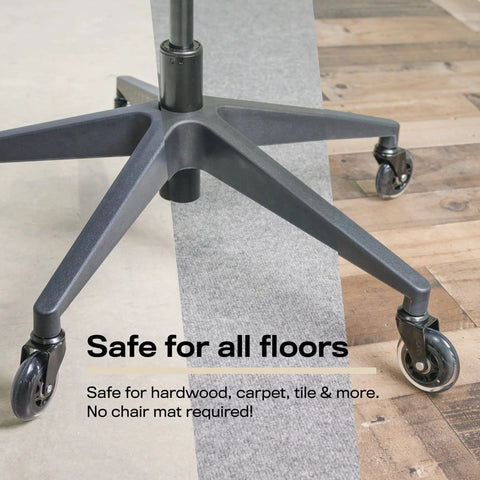 Original Office Chair Wheels Set Of Five For Smooth Quiet Casters Safe On Hardwood Floors And Carpet Universal Fit With Easy Installation And Lifetime Warranty That Outfits Your Desk Chair For Seamless Mobility shown installed on a chair base over wood and carpet floors.