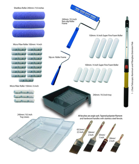 Pro Grade 42 Piece Interior Painting Kit For Homes And Pros With Telescoping 1 To 2 Foot Extension Pole, Angle Sash Brushes, Rollers