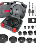 Front view of HYCHIKA 19-piece hole saw kit in a hard case with 3/4-6 in blades, mandrels, drill bits, and hex key.