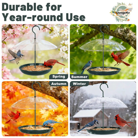 Outdoor Platform Bird Feeder With 12 Inch Weatherproof Dome And Squirrel Resistant Tray 2 Lb Seed Capacity 360 Degree Feeding Easy Hang Green Backyard Feeder For All Birds in different seasons.