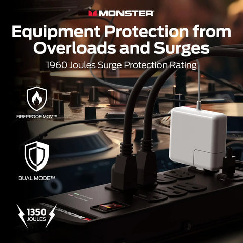 Power Strip Pro Surge Protector with 1960 Joules protecting studio gear with eight outlets and two USB ports