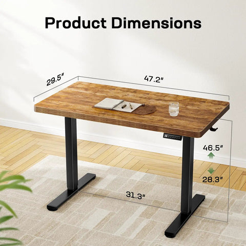 Marsail 48 X 30 Electric Standing Desk With One Piece Thickened Desktop dimensions displayed, adjustable height 28.3" to 46.5".