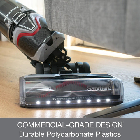 Commercial Grade Upright Vacuum Featuring Adaptive Surface Sensing Automation Alongside Long Lasting Motors While Doubling As A Legit Heavy Workhorse That Busts Through Grime On Carpet And Hard Surfaces Anyday, angled view showing durable polycarbonate design.