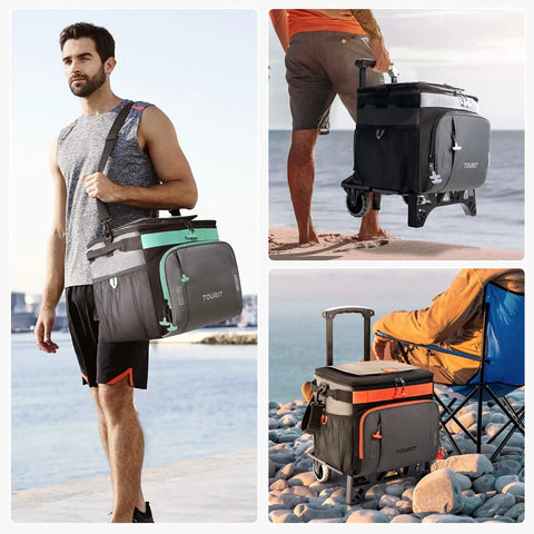 Collapsible rolling cooler with wheels and all-terrain cart, 50-can capacity, leakproof insulated soft bag for travel and camping
