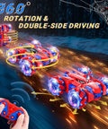 Spider 4WD Remote Control Car With 2.4GHz Radio performing a 360 degree rotating stunt with LED headlights in motion.