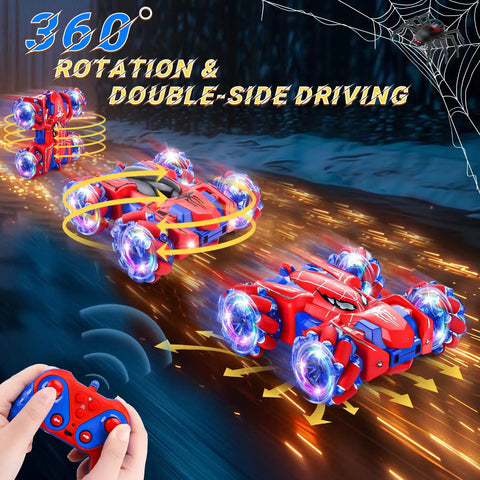 Spider 4WD Remote Control Car With 2.4GHz Radio performing a 360 degree rotating stunt with LED headlights in motion.