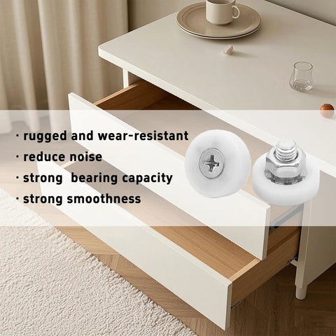 Eight Piece 22mm Drawer Rollers With Bearings And Nuts For Cabinets Sliding Doors And Filing Cabinets Smooth Quiet Drawer Glide Nylon Pulley Wheels Includes 9mmThreaded Rod M6x1 next to open drawer
