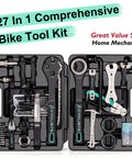 All In One 27 Piece Bike Tool Kit For Mountain And Road Bikes With Durable Storage Case open showing tools in compartments