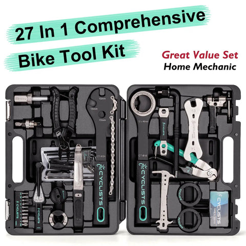 All In One 27 Piece Bike Tool Kit For Mountain And Road Bikes With Durable Storage Case open showing tools in compartments