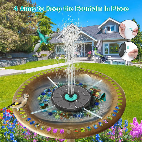 Cyan Flower Solar Fountain Upgrade 3.5W With 7 Nozzles And 4 Fixed Pipes in garden bird bath with hummingbirds.