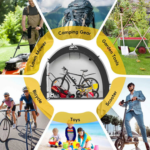 Outdoor Bike Storage Shed Tent With 210D Oxford Fabric PU4000 Waterproof Coating Portable Shelter For 2 To 8 Bikes Motorcycle Gear Garden Tools Toys And Lawn Mower Weatherproof And Easy Setup in use with various items including bikes and lawn mower.