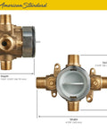 Front and side view of Rough-In Shower Valve With Universal Inlets And Outlets And Screwdriver Stops Unfinished brass body.