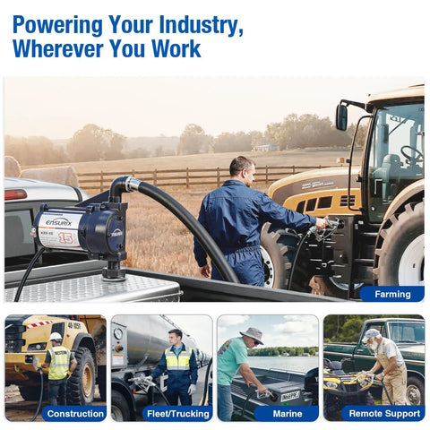 Built Tough 12V Fuel Transfer Pump Pushes Up To 15 Gpm with solid nozzle used for quick refueling on a tractor.