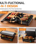 Upgrade Your Kitchen Game With This 1000W Panini Press And Grill showing versatile 3-in-1 design, includes griddle and panini press.