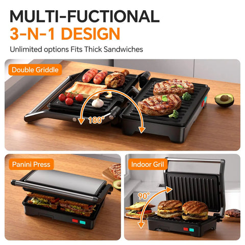Upgrade Your Kitchen Game With This 1000W Panini Press And Grill showing versatile 3-in-1 design, includes griddle and panini press.