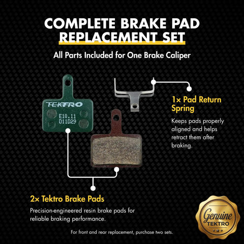 E10.11 Resin Disc Brake Pads With Organic Resin Compound, Tektro set with pad return spring for smooth stopping