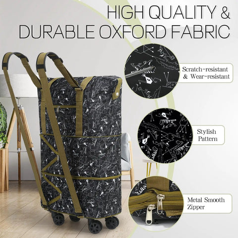 Rolling Duffel Bag With Wheels Expandable And Foldable Travel Carry On Luggage showing oxford fabric, scratch-resistant pattern.