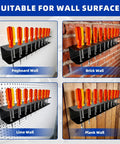 2 Pack Wall Mounted Screwdriver Organizer Set For Garage And Workshop Heavy Duty Rustproof Aluminum Tool Racks installed on various wall types