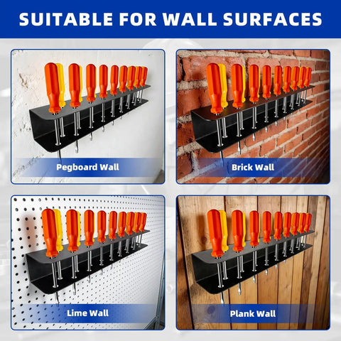 2 Pack Wall Mounted Screwdriver Organizer Set For Garage And Workshop Heavy Duty Rustproof Aluminum Tool Racks installed on various wall types