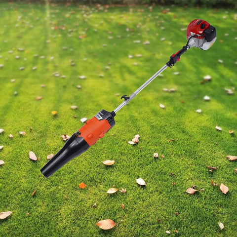 52CC Gas Walk Behind Sweeper Powered By A Muscle 2.3HP Two Stroke Engine displayed on grassy surface with fallen leaves.